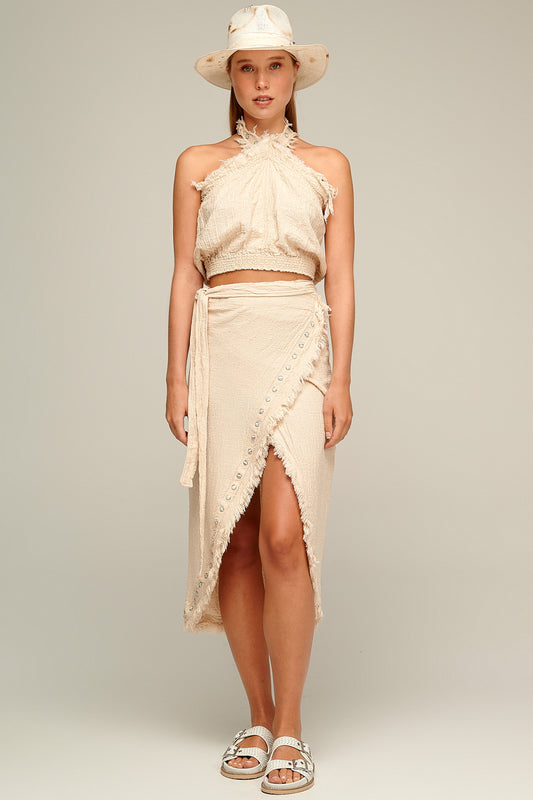 PEARL & CAVIAR OF GREECE - SAMPLE S/M  - S22P1149 100% COTTON SKIRT WITH STUD DETAILING