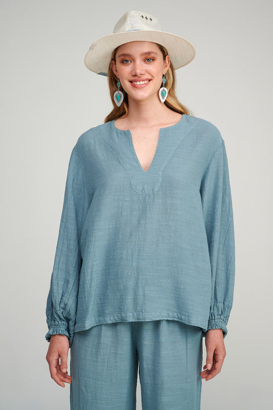 PEARL & CAVIAR OF GREECE - SAMPLE S/M  - S23P6000 COTTON LINEN TENCEL BLOUSE