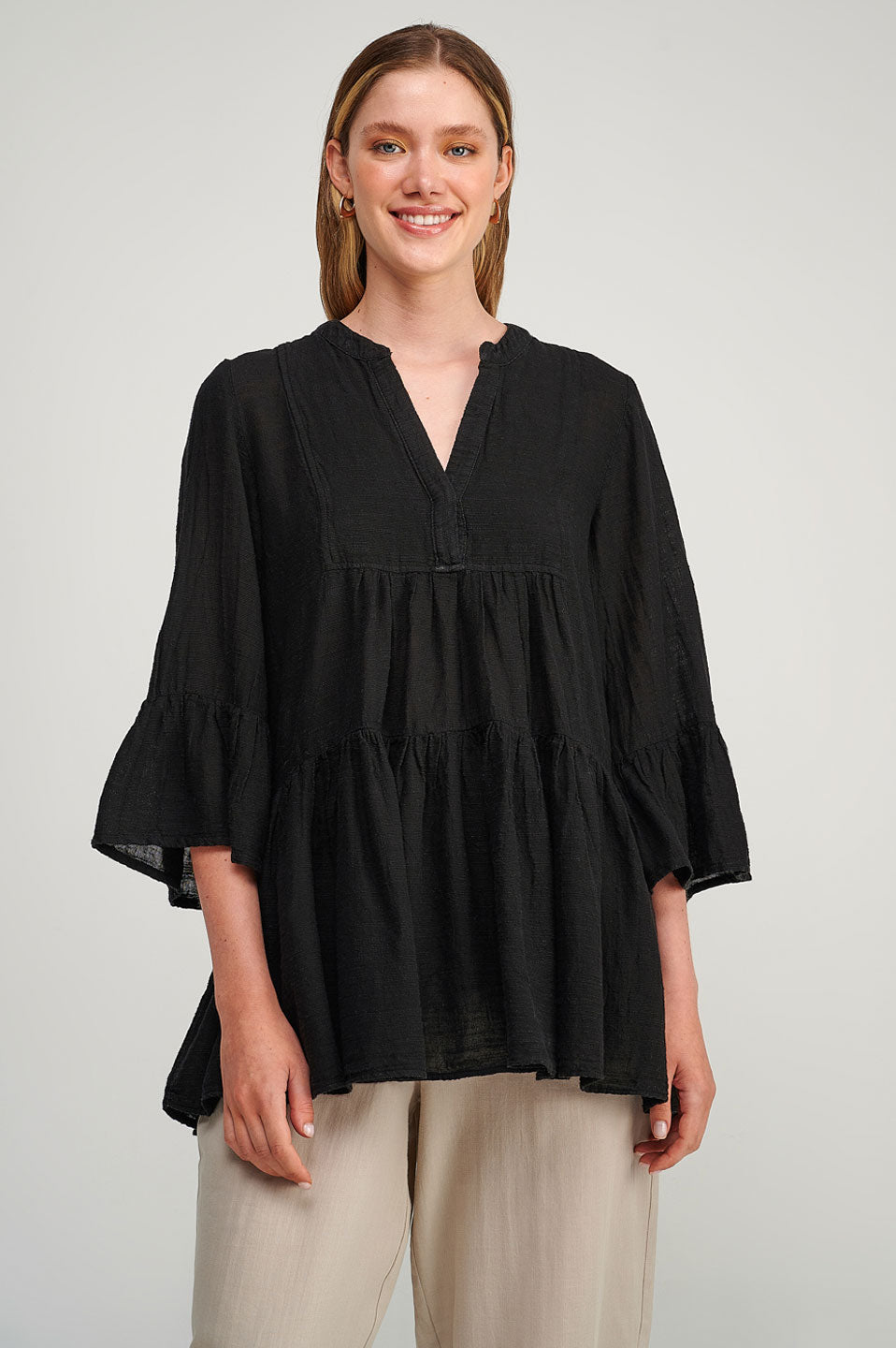 PEARL & CAVIAR OF GREECE - SAMPLE S/M  - S23P6229  COTTON LINEN TENCEL BLOUSE