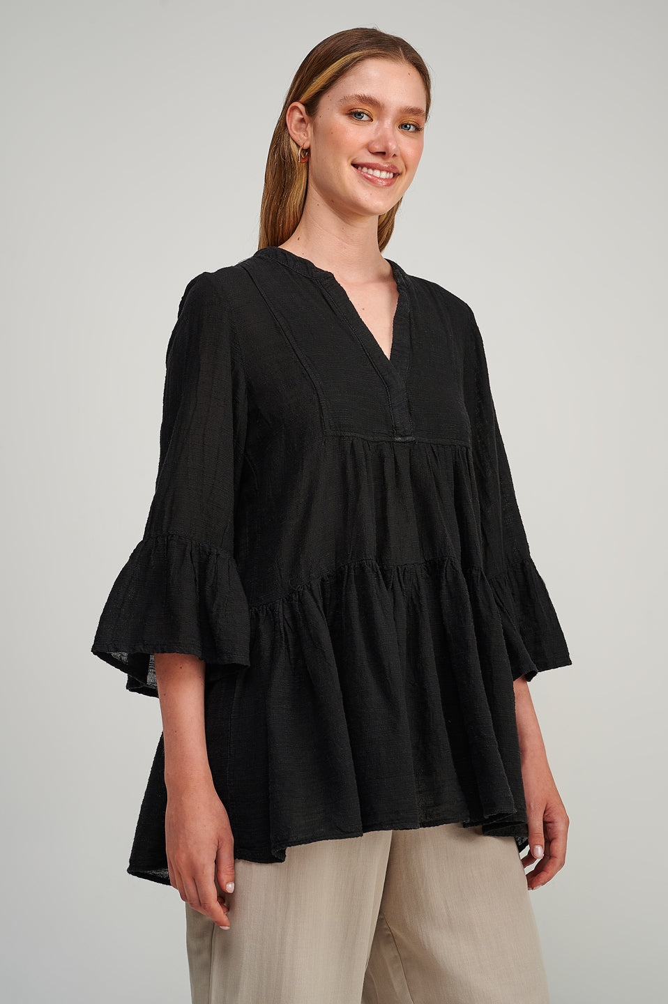 PEARL & CAVIAR OF GREECE - SAMPLE S/M  - S23P6229  COTTON LINEN TENCEL BLOUSE