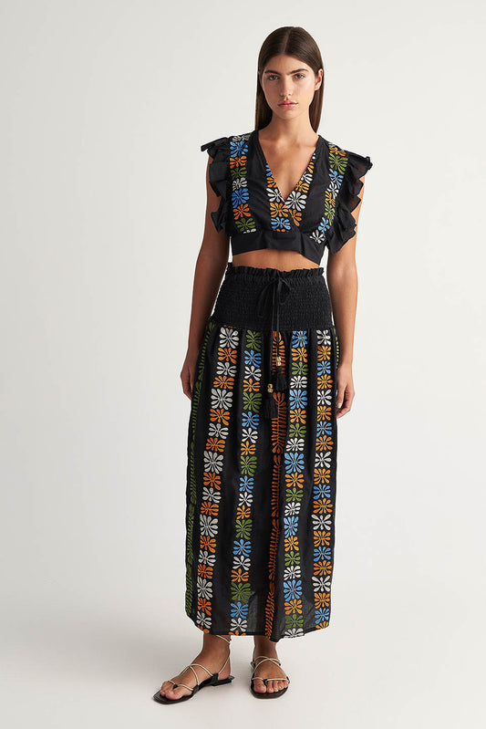 PEARL & CAVIAR OF GREECE - SAMPLE S/M - S24P5008 - COTTON BLEND EMBROIDERED SKIRT ONLY